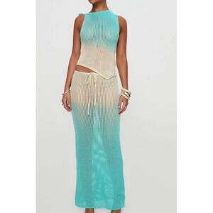Princess Polly Boho Crochet Ombre Skirt Set Turquoise Cream Asymmetrical US 2